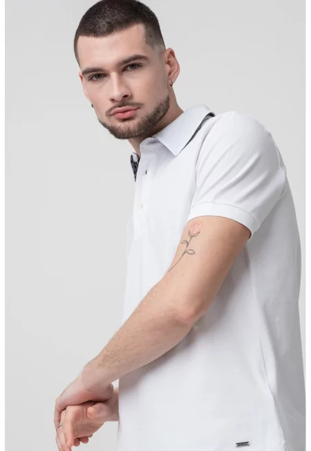Памучна тениска с яка - Бял