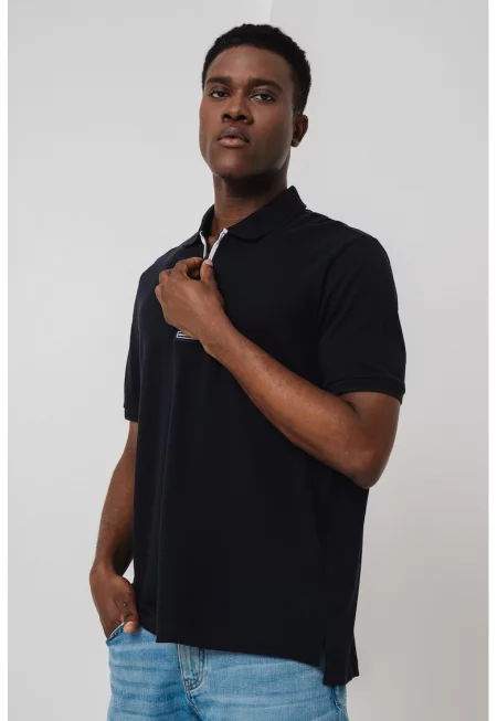 Памучна тениска с яка - Черен