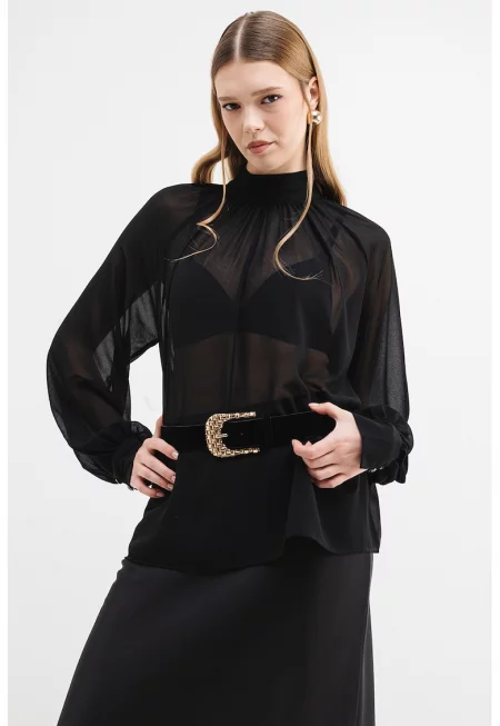 Полупрозрачна риза с панделка на яката - Черен
