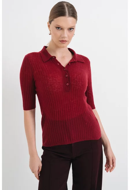 Пуловер Fugano с необработена вълна с яка - Тъмновиолетов