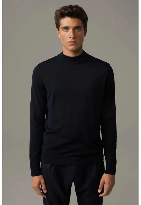 Пуловер с дълъг ръкав и висока яка - Тъмносин