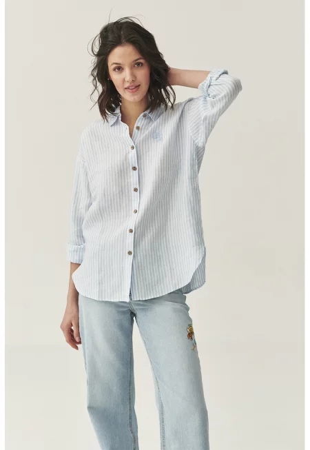 Раирана ленена риза с паднали ръкави - Пастелносин