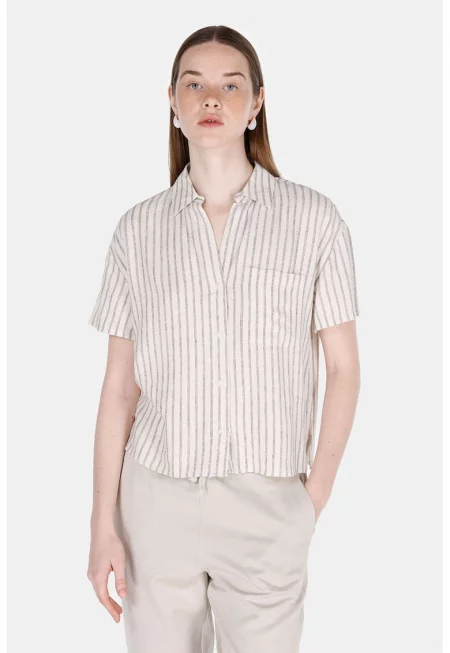 Раирана риза с лен с къси ръкави