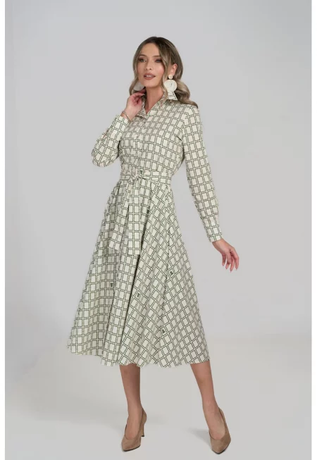 Разкроена рокля с лен - Слонова кост/Папратово зелено