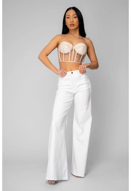 Разкроени еластични дънкови дънки Off White 20787 - Бял