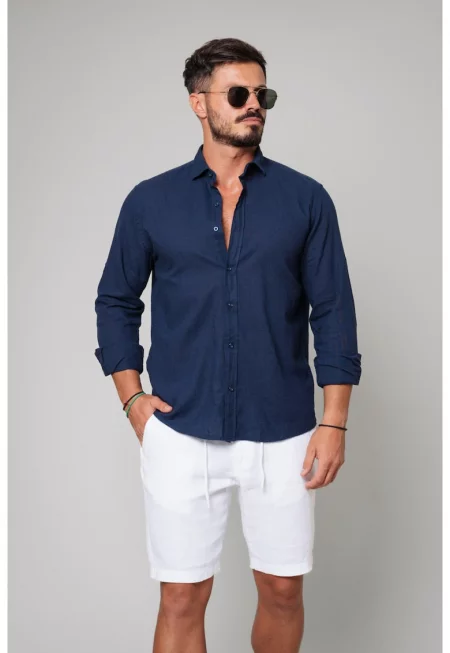 Риза от 100% лен - тъмносиня - нова - 17530 - Тъмносин