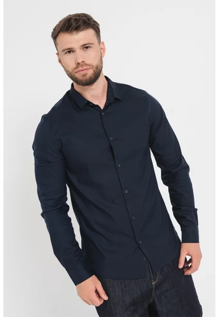 Риза с лиосел с остра яка - Тъмносин