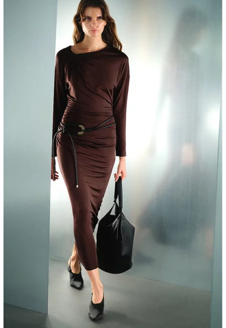 Рокля с набирания - Тъмнокафяв