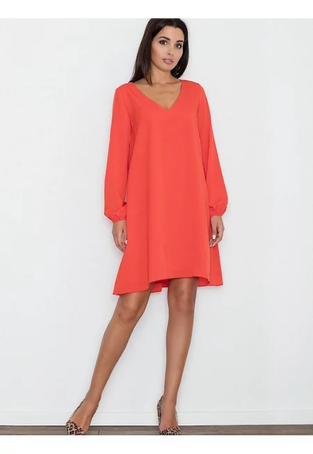 Рокля  светла - червена - нежна материя - остро деколте - вискозен полиестер