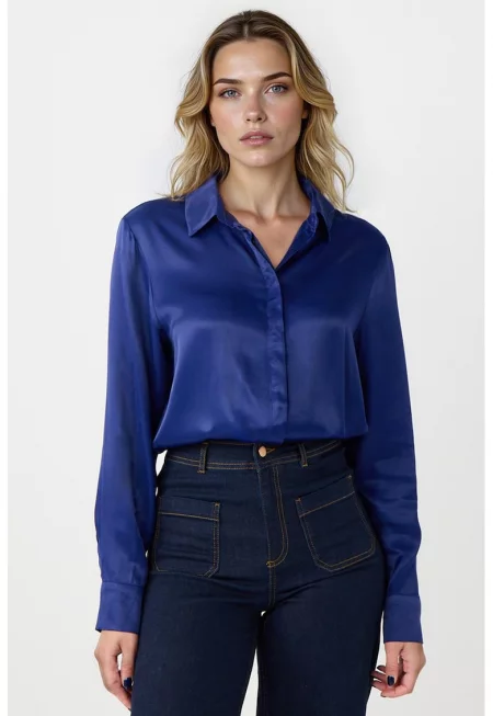 Сатинирана риза с дълги ръкави - Кралско Синьо