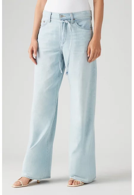 Широки дънки с висока талия - Светлосин меланж