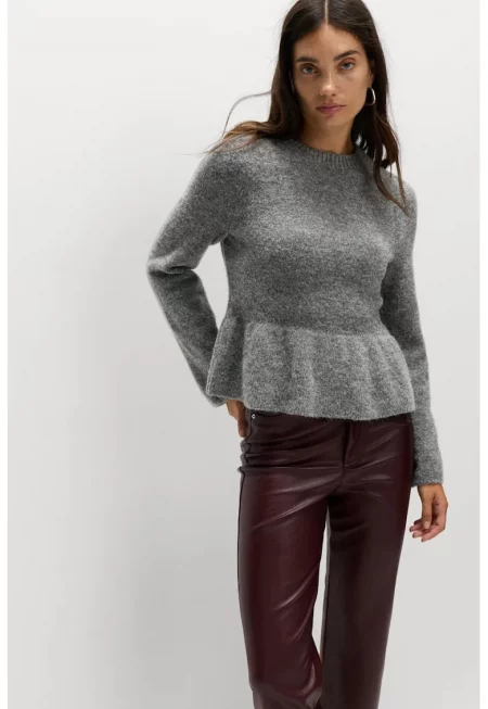 Слим пуловер с пеплум - Сив меланж