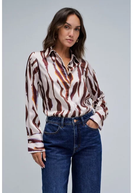 Слим риза с копчета - Бял/Тъмнокафяв