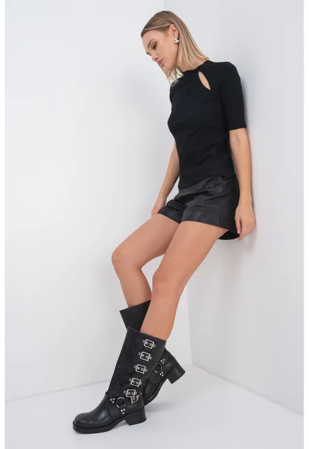 Слим тениска Decoro с миди ръкави и отвори - Черен