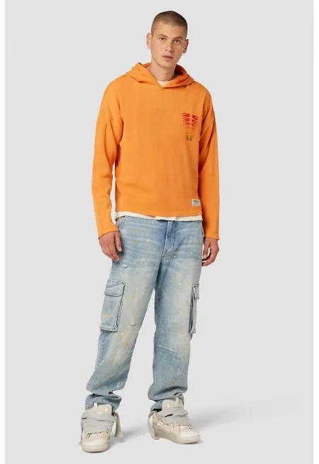 Суитшърт със свободна кройка с качулка и графичен принт - Оранжев