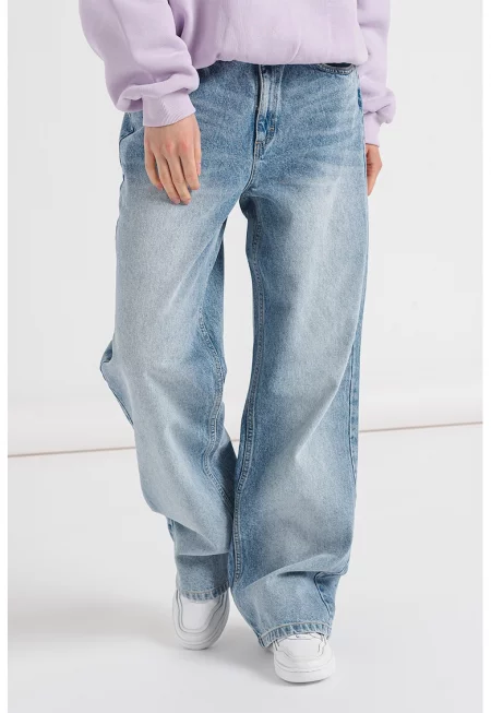 Свободни дънки с висока талия и захабен ефект - Син