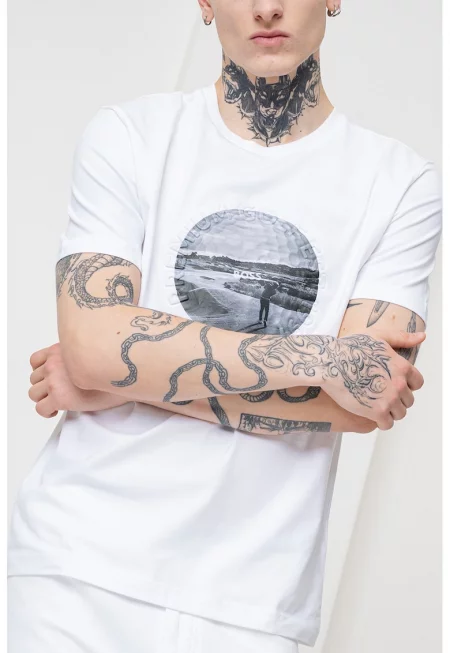 Тениска Heritage с памук и фотопринт - Бял