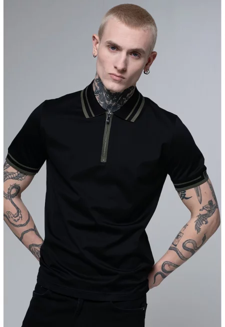 Тениска с яка и къс цип - Черен/Тъмно каки