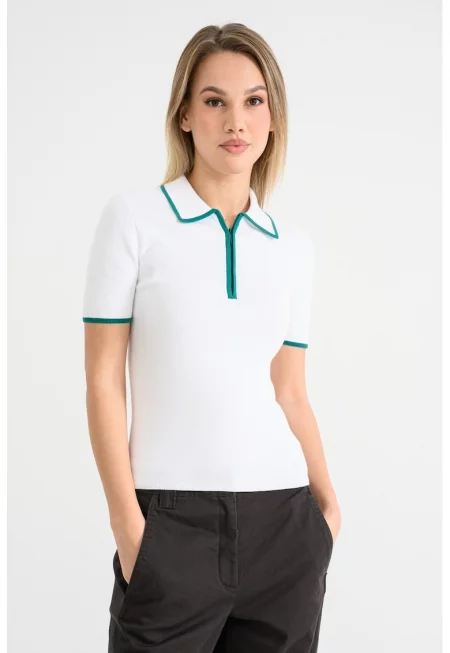 Тениска с яка и контрасти - Бял/Зелен