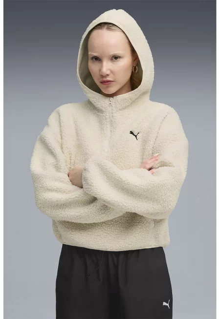 Уголемено поларено худи с къс цип - Черен/Крем