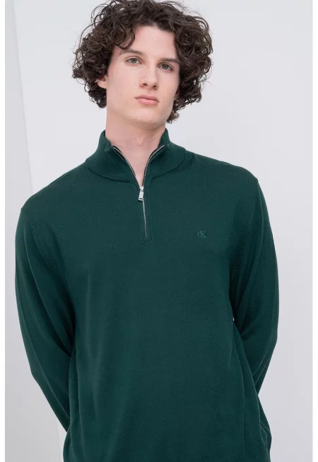 Вълнен пуловер с къс цип - Тъмнозелен