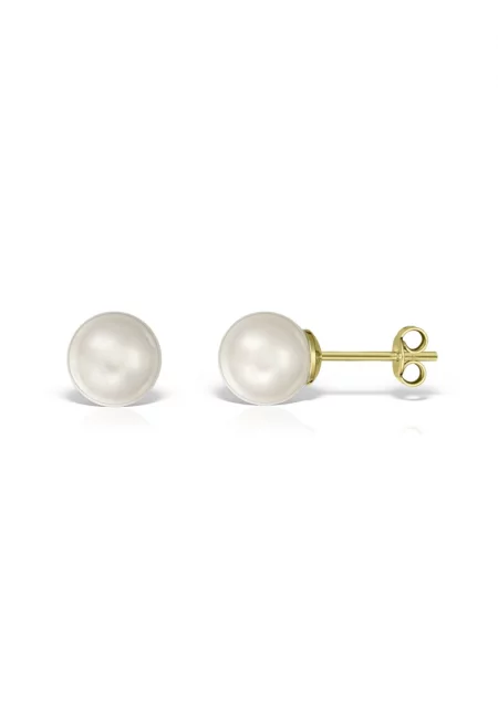 Златни обеци 585-14K - естествени бели перли 6 мм