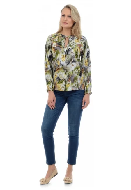 888124542-Дамска блуза - Зелена - С щампа на цветя