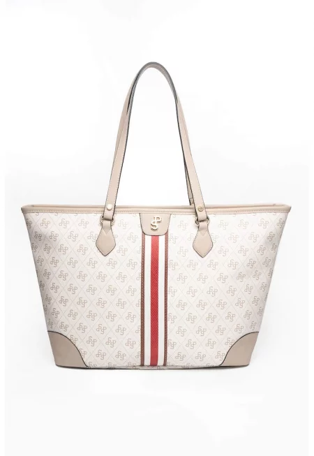 Чанта Tote от еко кожа с шарка - Слонова кост/Сиво-бежов