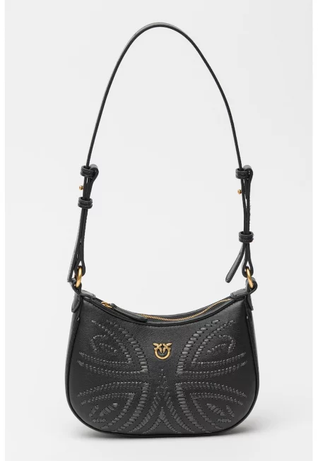 Чанта за рамо Half Moon Baby с бродерия от рафия - Черен