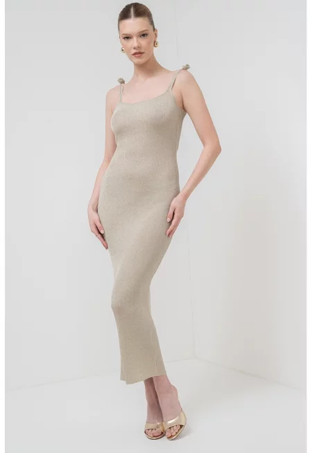 Дълга рокля Porto с рипс - Златист/Каки