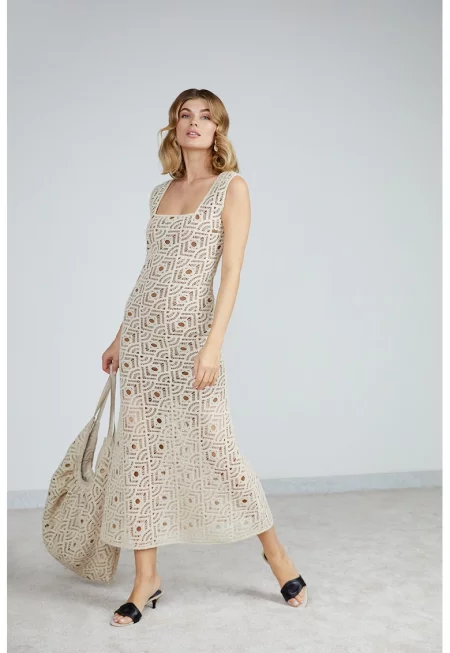 Дълга рокля с ажур - Крем