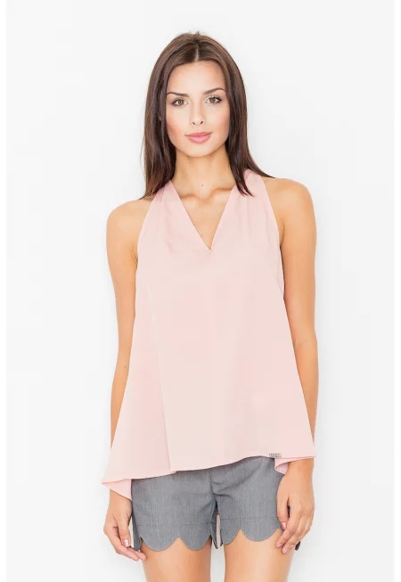 Дамска блуза -  Полиестер/Еластан/Вискоза - Отворен гръб - V-образно деколте - Розова