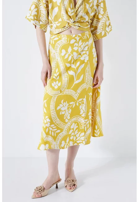 Десенирана ленена пола с разкрояване - Бял/Шафраново жълто