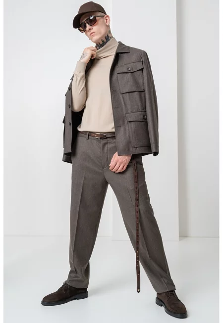 Фино плетен вълнен пуловер с поло - Камел