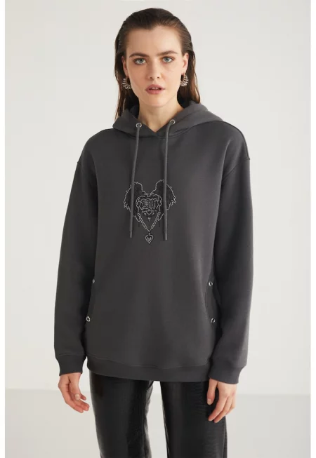 Худи с памук с декоративни камъни - Антрацитно сиво