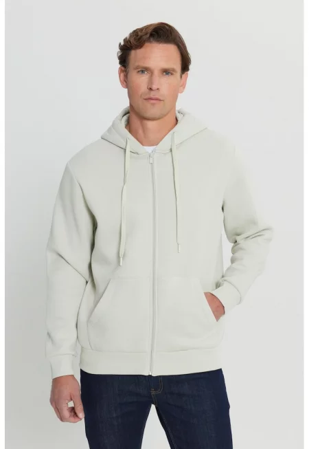 Худи с памук с цип - Мръснобял