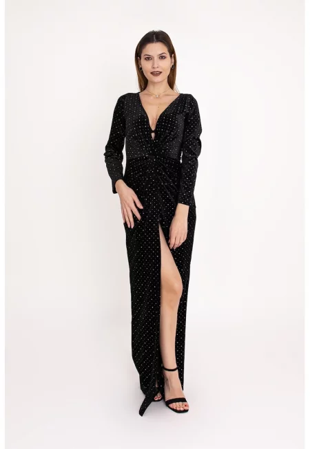 Кадифена рокля Onyx със застъпен дизайн и декоративни камъни - Черен