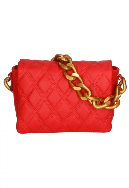 Капитонирана кожена чанта с презрамка с верижка - Тъмночервен