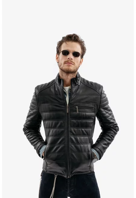 Капитонирано кожено яке по тялото - Черен