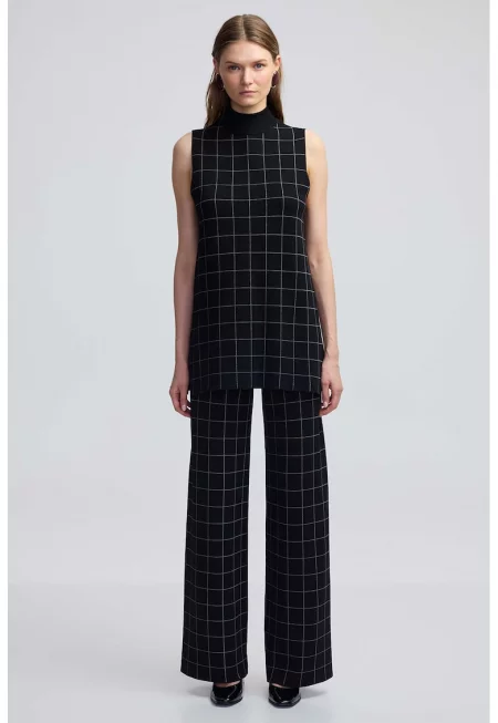 Кариран панталон с висока талия - Бял/Черен