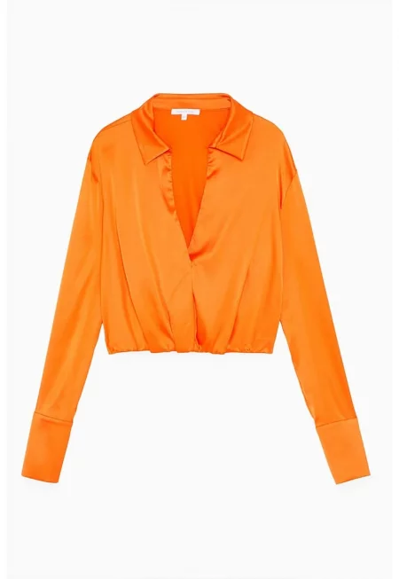 Къса риза - с дълъг ръкав и V-образно деколте - Оранжев