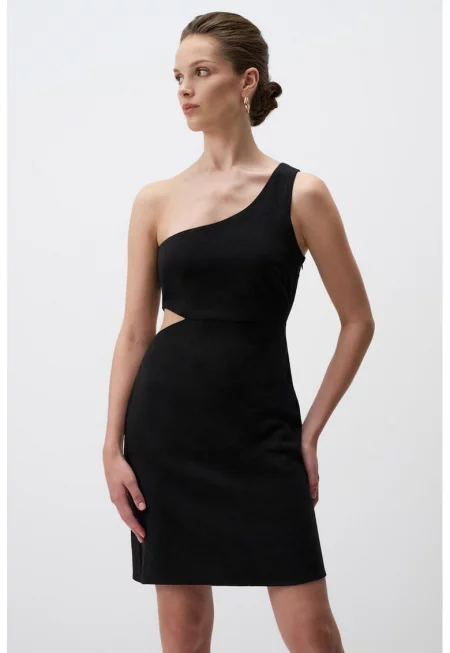 Къса рокля с лен и колан - Черен