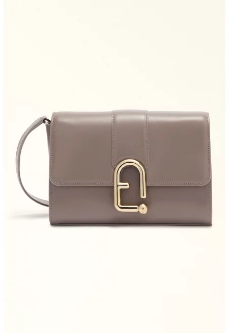 Кожена чанта през рамо с лого - Сиво-бежов