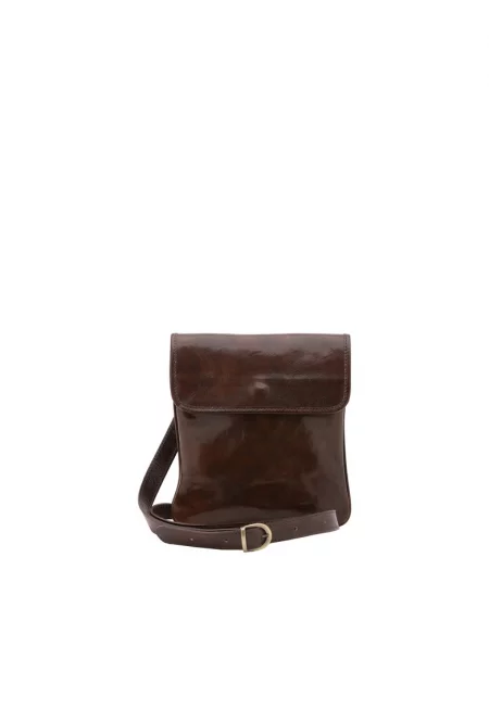 Кожена чанта с джоб с цип - Тъмнокафяв