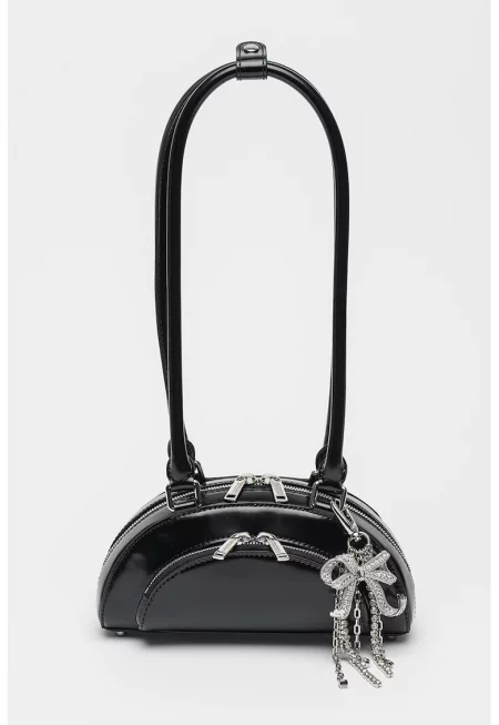 Кожена чанта за рамо с висулки - Черен