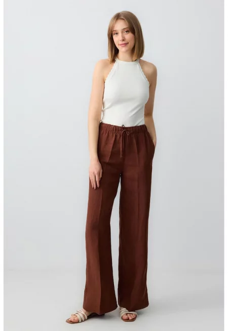 Ленен разкроен панталон с ръб - Коняк кафяв