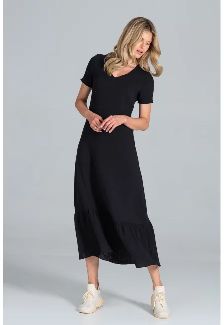 Миди рокля -  черна - с къс ръкав - памук