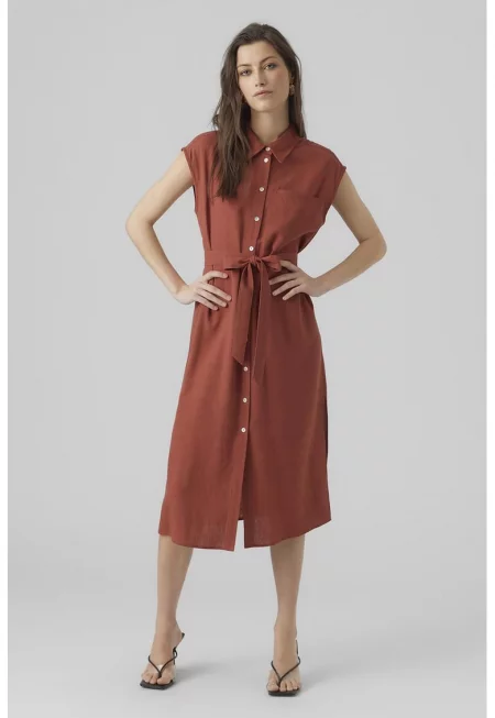 Миди рокля-риза с лен - Изгорен портокал