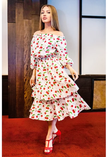 Миди рокля с бухнали ръкави - Червен/Зелен/Бял