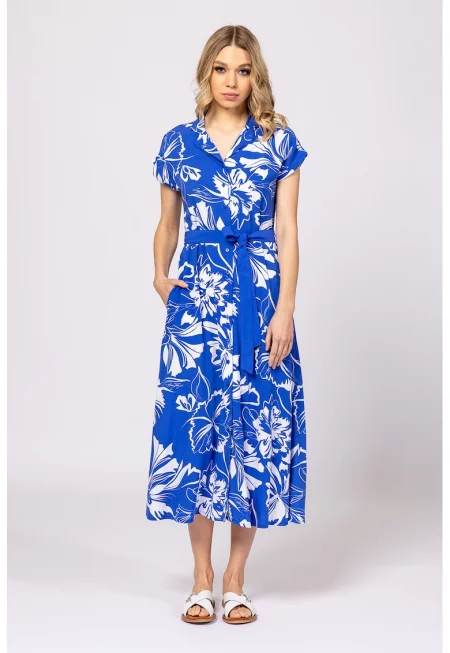 Миди рокля Vernica с джобове встрани - Бял/Кралско Синьо